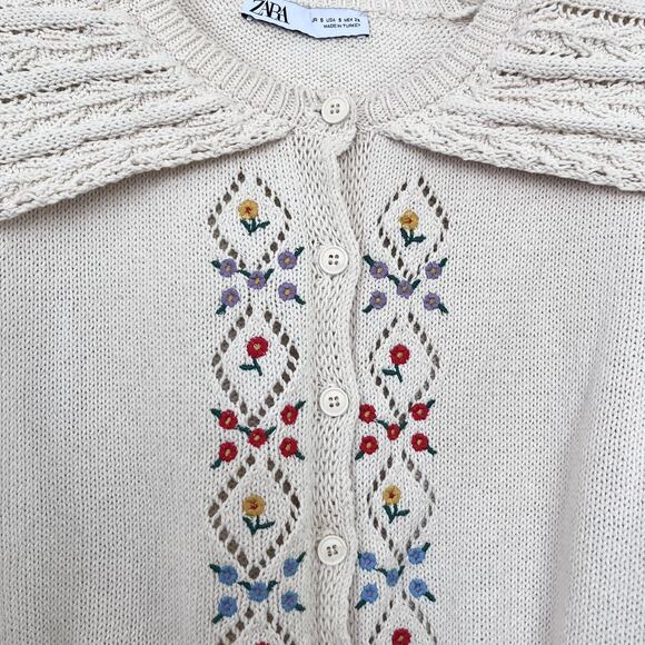 Zara Cream Floral Embroidered Eyelet Collar Frill Sleeve Cardigan Sweater Size S - Picture 4 of 9